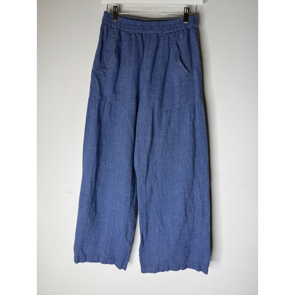 Ivy Jane Blue White Pinstripe Wide Leg Cotton Linen Pants XS Elastic Waist Boho